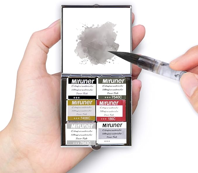 Mini Portable Handmade Artist Watercolor Paint Travel Metallic Box Set with 6 Solid Watercolor Half Pans (Each Capacity Approx 1.5ml).Mix Color 09