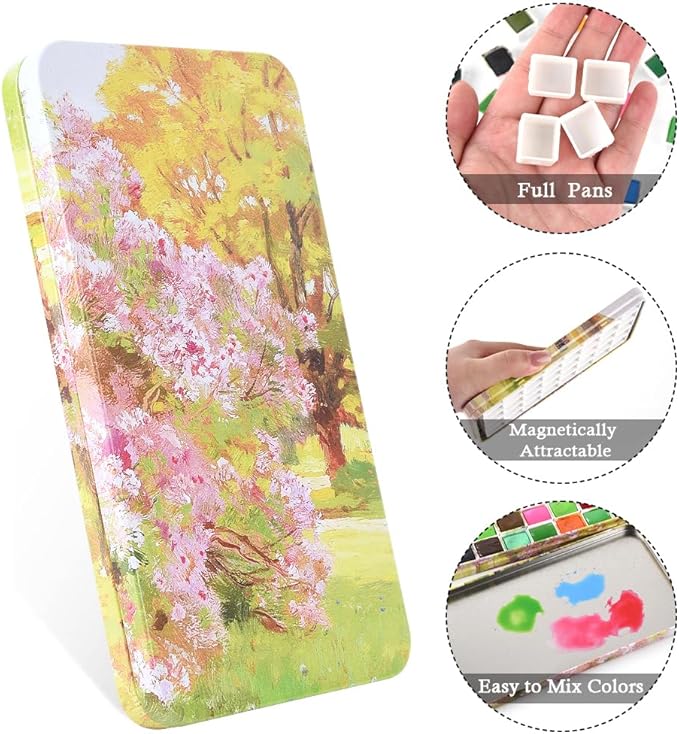 Portable Watercolor Tins Paint Palette with 40Pcs Empty Half Pans and Magnetic Squares, Small Travel Metal Paint Box with Acrylics Painting Art Drawing. Pastoral