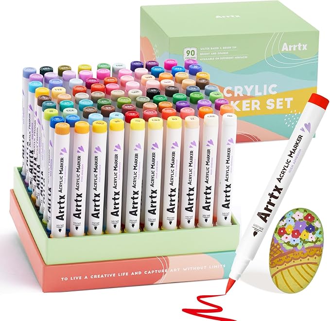 Arrtx 90 Colors Paint Markers Pens, Acrylic Paint Pens for Artists Adults Coloring Drawing Landscape Scenery Natural- Brush Tip for Rock Painting, Wood, Canvas, DIY Crafts Making Art Supplies-90B