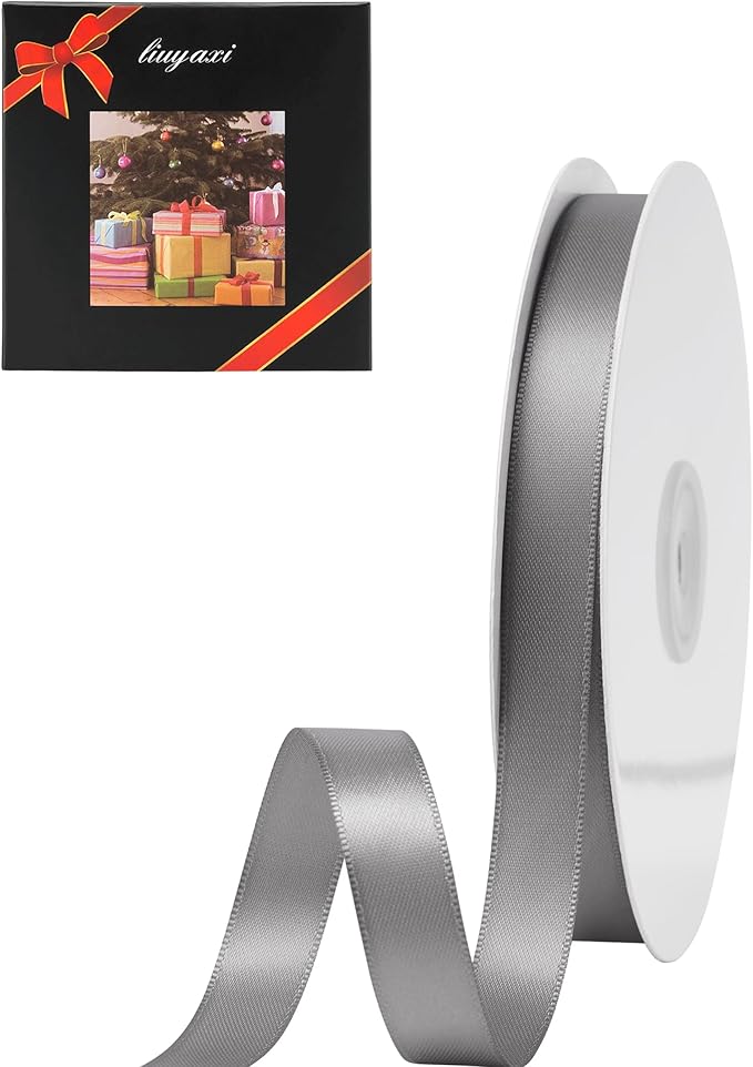 LIUYAXI Silver Satin Ribbon, Double Faced 1/2" X Continuous 25 Yards Ribbons Perfect for Gift Wrapping Bows Bouquet Wedding Craft and More