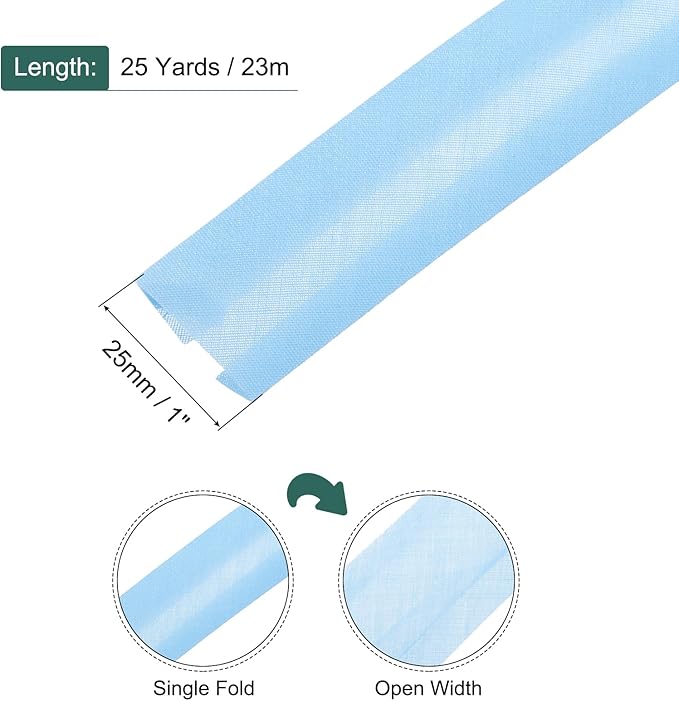 MECCANIXITY 1 Inch Single Fold Bias Tape Polyester Continuous Bulk Bias Tape for Sewing, Seaming Quilting Hemming Binding Crafts (Light Blue 25 Yards)