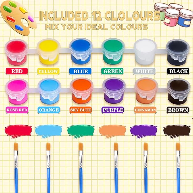 280 Pcs Washable Acrylic Paint for Kids Arts and Crafts, 20 Gouache Watercolor Paint Sets of 12 Colors for Party Classroom Painting Supplies, 20 Flat and 20 Pointed Brushes