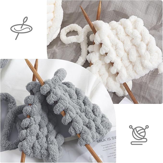 HOMBYS 8 Pack Assorted Chunky Yarn for Crocheting,Super Bulky Large Soft Fluffy Yarn,Plush Fuzzy Yarn,Thick Chenille Yarn for Hand Knitting/Arm Knitting,4 White & 4 Light Grey(27yds,8 oz Each Skein)