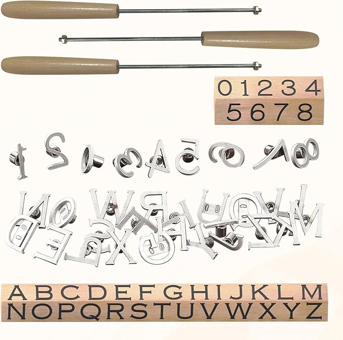 Aepiraza 36Pcs Mini 1" Assorted Characters Branding Irons, 26Pcs Letters and 10Pcs Numbers Leather Branding Tool with 3Pcs Changeable 12" Handle for Wood Working, Leather Hats, Felt, Cowhide