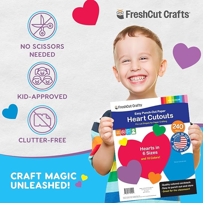 FreshCut Crafts 240 Pieces Heart Paper Cutouts, 2-Sided US Made Card Stock Punch Out Multicolor Hearts for Valentine’s Day Crafts, Bulletin Boards, Classroom Decor, and Posters 10 Vibrant Colors