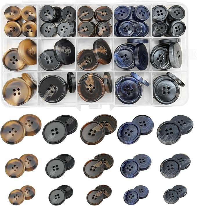 Assorted Buttons for Sewing Crafts,135Pcs 4-Hole Round Blazer Buttons, 5 Color (Brown Black Blue) 3 Size (15mm, 20mm, 25mm) Resin Button for Suit,Shirt,Coats,Clothes Sewing,DIY Craft
