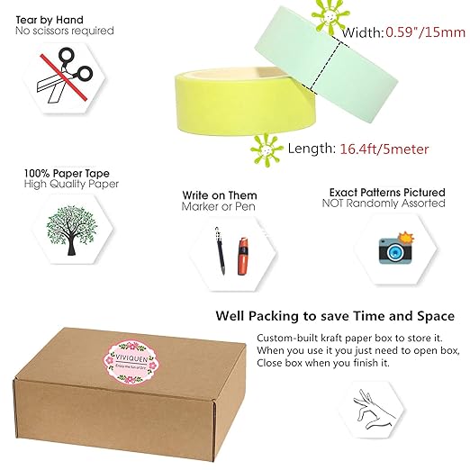 VIVIQUEN Washi Tape Set, 20 Rolls Colored Masking Tape, 15mm Rainbow Pastel Writable Colorful Washi Tapes for Painting, DIY Scrapbook Designs