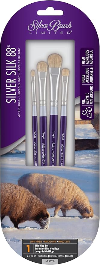 Silver Brush Limited SK-8111S Silver Silk 88 Mini Mop Set for Acrylic, Watercolor, Gouache, Inks, & Dyes, Set of 4 Mini Mop Paintbrushes, Size 1/8, 1/4, 3/8, and 1/2 Inch, Short Handle