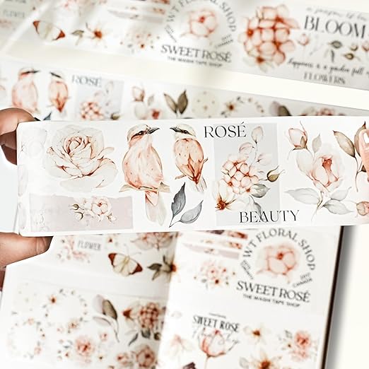 WT Pre-Cut Sweet Rosé Wide Washi Tape, Single Roll, Original Designs, Dreamy Rose Motifs & Subtle Handwritten Accents, Decorative Japanese Paper Tape for Journaling, Scrapbooking, Planner, DIY Crafts