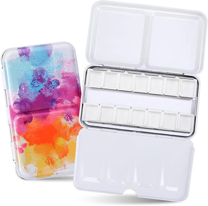 Watercolor Palette Empty with 14PCS Watercolor Half Pans - Sturdy Empty Watercolor Palette Tin - Watercolor tin for Gouache, Watercolor and Acrylic Painting