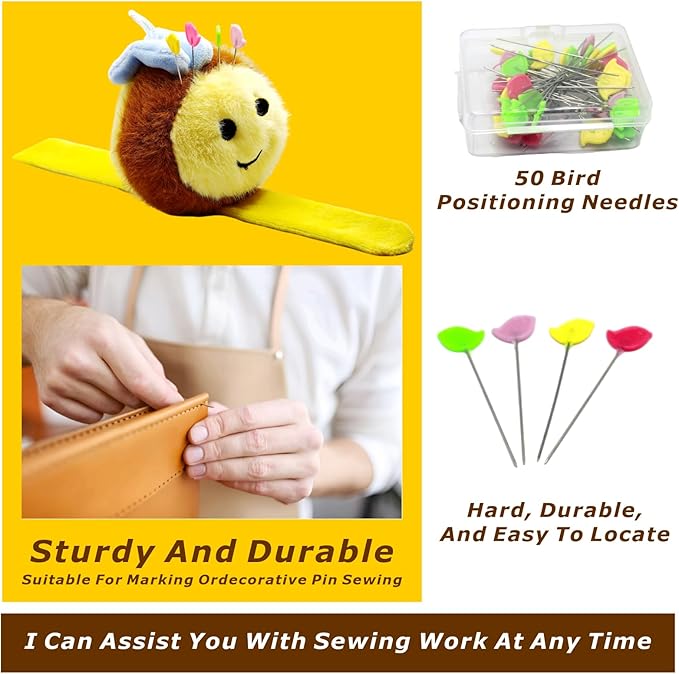 Cute Bee Wrist Pin Cushion Kit for Sewing with 50 Lovely Bird Needles,Including Threader, Thimble ＆Tape Measure for Needlework or DIY Crafts.