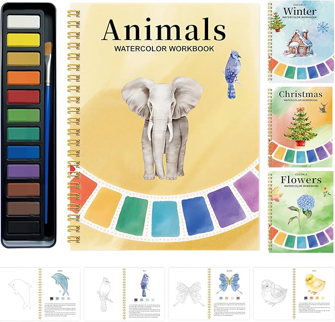 VRSHMB Beginner Watercolor Workbook with 12 Colors - Watercolor Paint Book & Art Gift for Beginners and Adults (Elephant)
