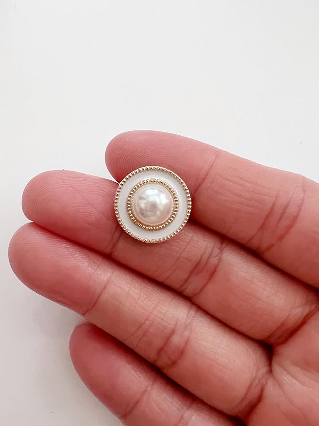 PEPPERLONELY 10PC Faux Pearl Metal Buttons for Clothing, Jeans, Crafts, Pants, Blazer, Sewing, Jacket, Jewlery Making (Gold/White, 15mm)
