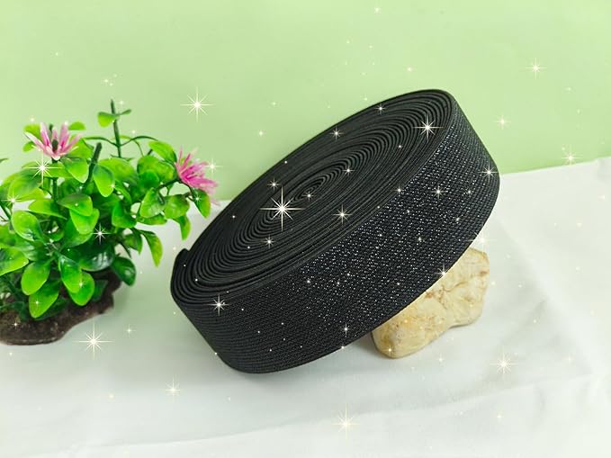 Black Glitter Knit Elastic Band for Sewing 1-1/2 inch 5 Yards Metallic Gold Ribbon Trims Spool Non-Slip Heavy Elastic Stretchy Strap for Pants Waistband-Wigs-Skirts-Craft Projects