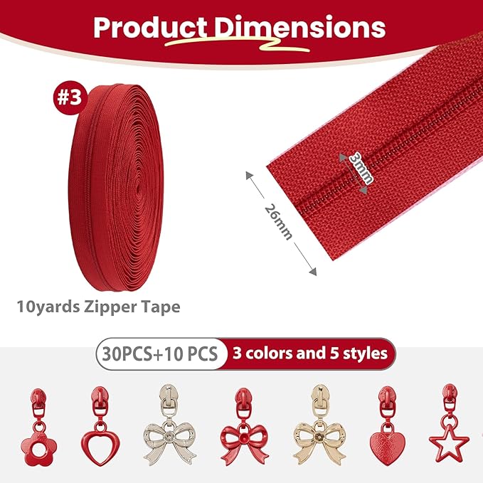 Mylbeter #3 Nylon Coil Zippers by The Yards Red Bulk Zippers 10 Yards with 40PCS Sliders Continuous Zipper Tape for DIY Bag Clothing Sewing Crafts Gold Pull Sliver Slider Zipper for Bags and Purses
