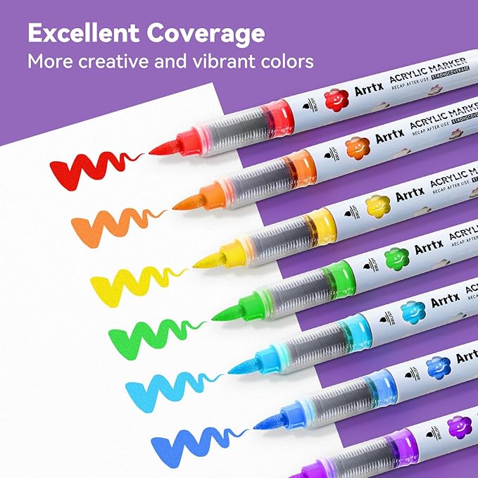 Arrtx 60 Colors Acrylic Markers - Brilliant & Vivid, Water-Based Quick-Dry Ink, Flexible Brush Tip, Waterproof After Drying, Non-Toxic, for DIY Project,Metal,Glass,Fabric,Plastic Multiple Surfaces
