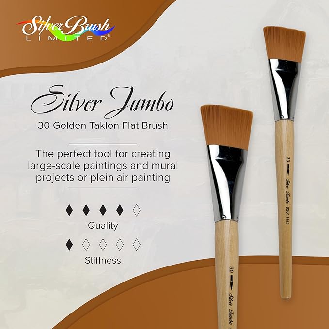 Silver Brush Limited 8201-30 Silver Jumbo Golden Taklon Flat Paintbrush for Oil, Acrylic, Heavy Body Paints, Gesso & Grounds, Varnish & Top Coat, Size 30, Mid Length Handle