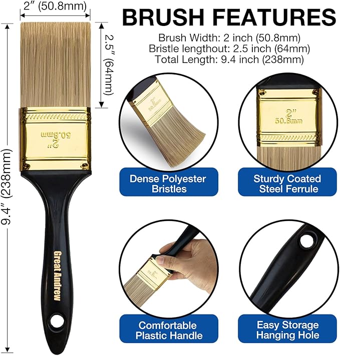 Great Andrew Paint Brushes, 10 PCS 2" Bulk Paint Brush Pack Multi use, Flat Paint Brushes Set for Walls Fences Trim Home Furniture