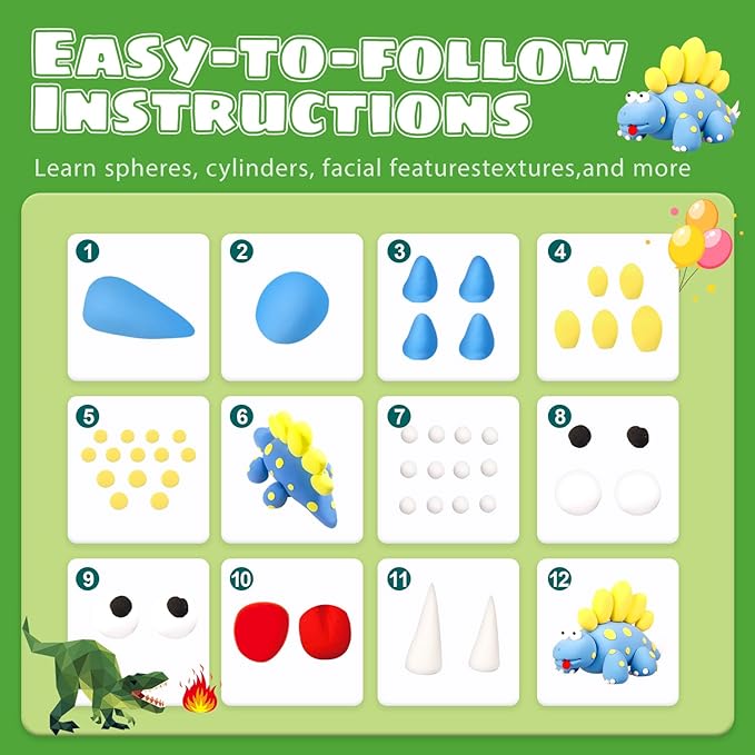 Air Dry Clay Kits: 9 DIY Dinosaur Clay Kit for Kids 3+, Child-Safe Modeling with Guides, Creative Birthday & Christmas Gift for Boy & Girl