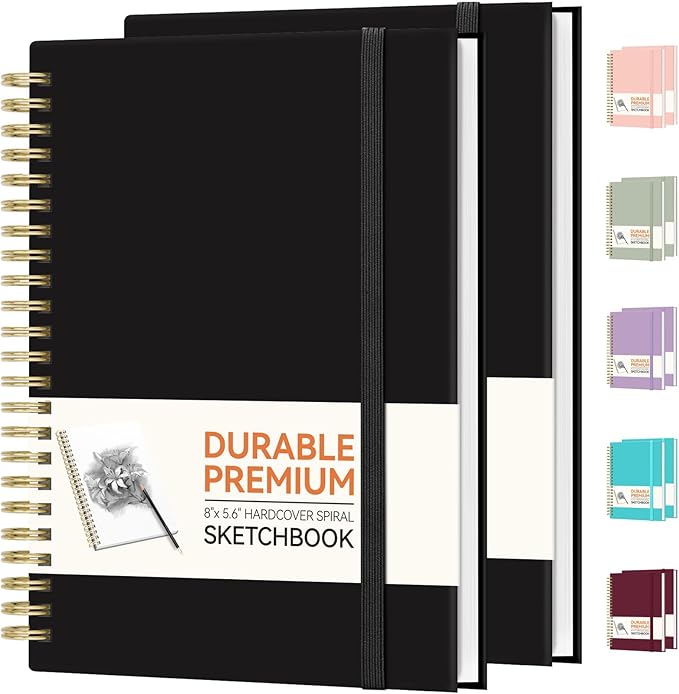 Forvencer 2 Pack Blank Spiral Notebook, 8"x 5.6"Hardcover Sketch Book, 100GSM Thick Paper, Art Sketchbook for Women & Adult, 2 x 100 pages Drawing Book Journal for School Office Drawing, Black