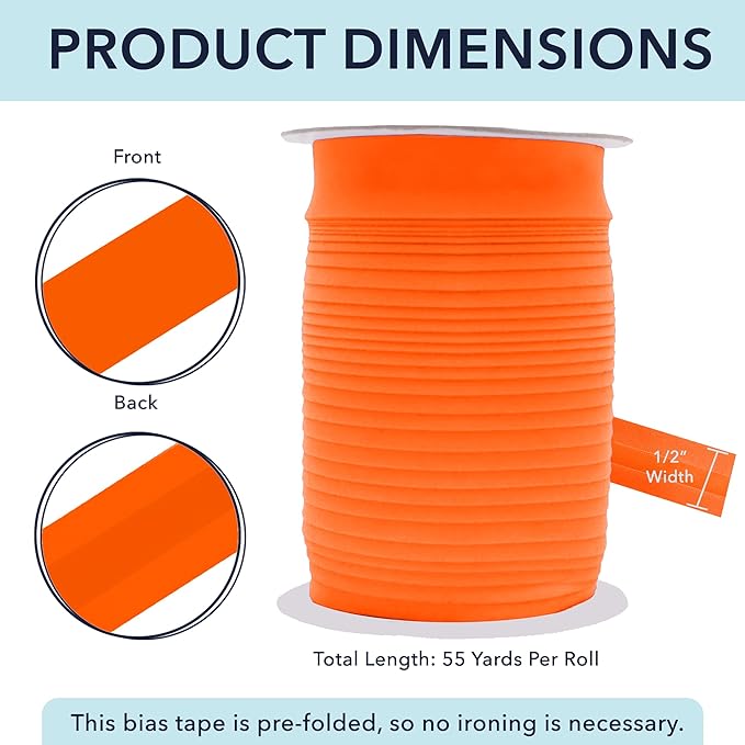 Mandala Crafts 1/2 Inch Single Fold Bias Tape for Sewing, Quilting, Piping, Hemming, Blanket & Quilt Binding – 55 Yards Orange Fabric Seam Binding Tape