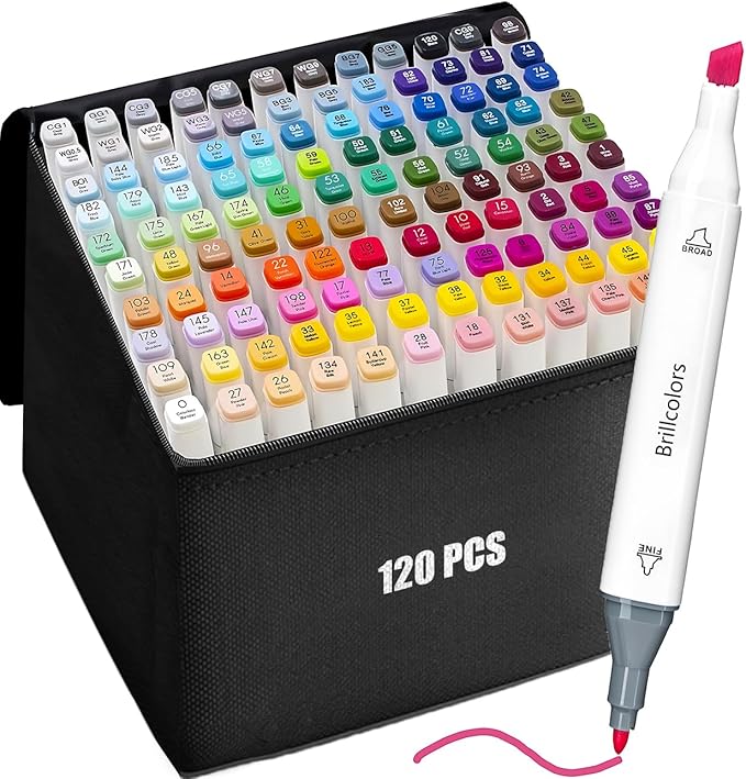 120 Colors Alcohol Markers Set with Base Dual Tip Drawing Markers for Comics Coloring Sketching Illustration (120 White) -Refillable