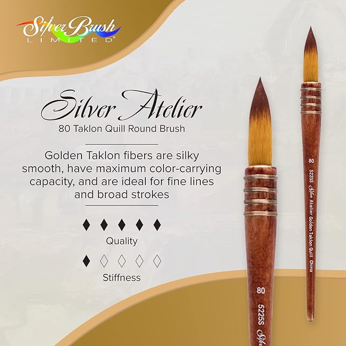 Silver Brush Limited 5225S-80 Silver Atelier Golden Taklon Quill Round Brush, Size 80, Short Handle