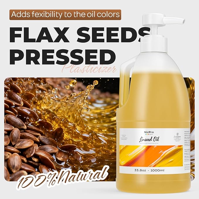 Nicpro Linseed Oil for Painting, 33.8oz Refined Linseed Oil Medium for Thinning Oils, Artists, Painting Thinner, Professionals to Enhance Flow, Translucency & Gloss