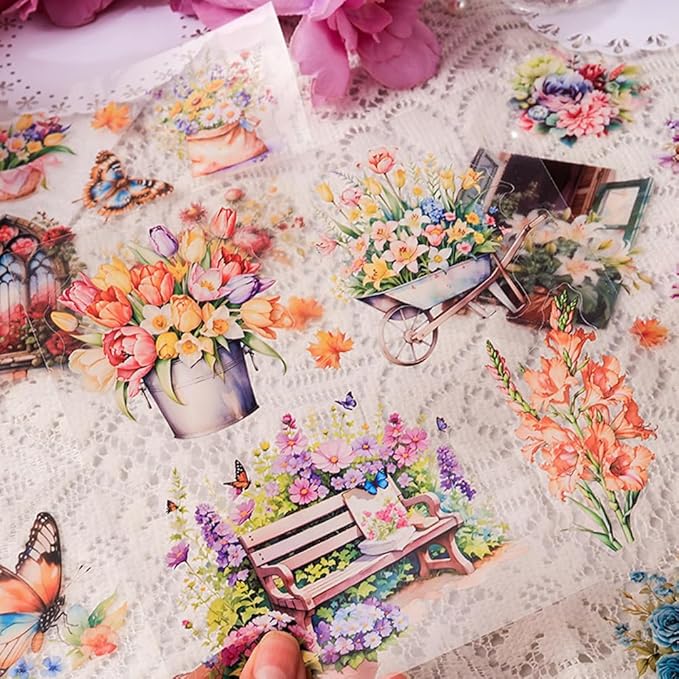 MAFELOE 30 Pages PET Scrapbook Stickers of Creative Flowers Theme, Aesthetic Deco Journaling Supplies for Junk Bullet Diary Album Calendars-Orange (Y3-P-WSSL)