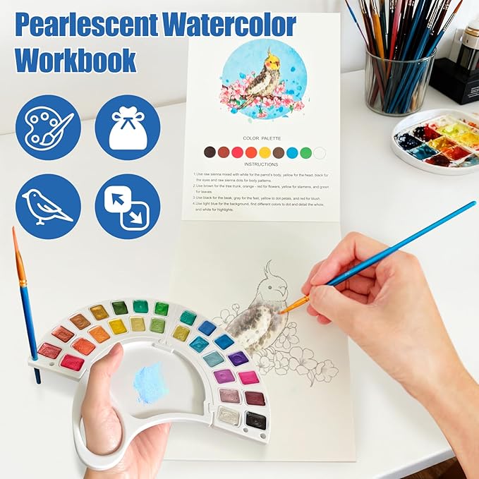 Watercolor Workbook, Water Coloring Book with 13 Pages 300GSM Paper, 26 Colors Watercolor Paint Set with Brush & Storage Bag, Beginner-Friendly Coloring Book for Adults - Birds Theme Art Kit