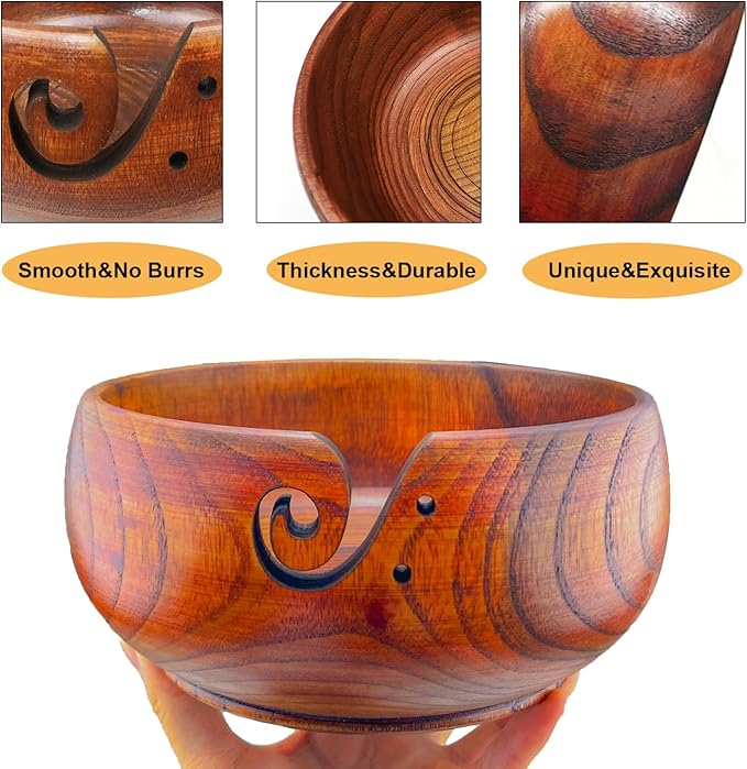 Wooden Yarn Bowl with Holes Knitting Bowl Yarn Storage,Yarn Bowls for Crocheting and Knitting,Perfect for Mother's Day and Home Decor 6.3" x 3"