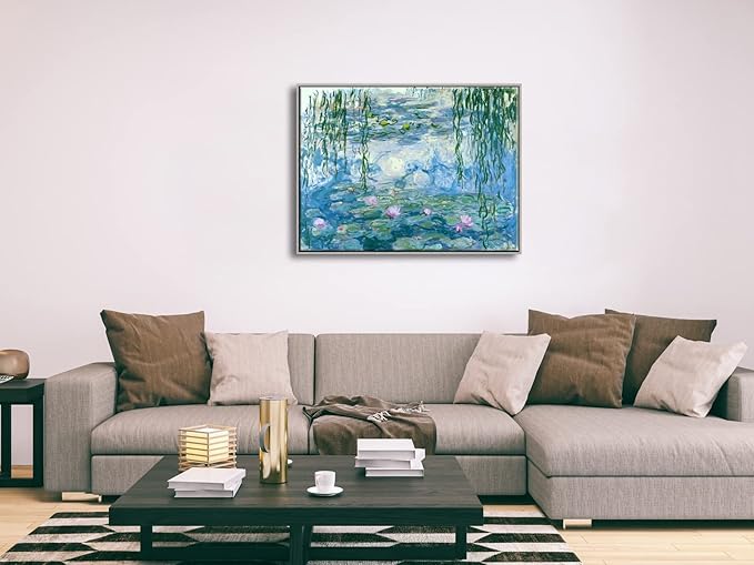 Wieco Art Large Framed Wall Art Water Lilies by Claude Monet Canvas Print Paintings Reproduction Modern Canvas Wall Art for Living Room Decoration Abstract Artwork Silver Frame