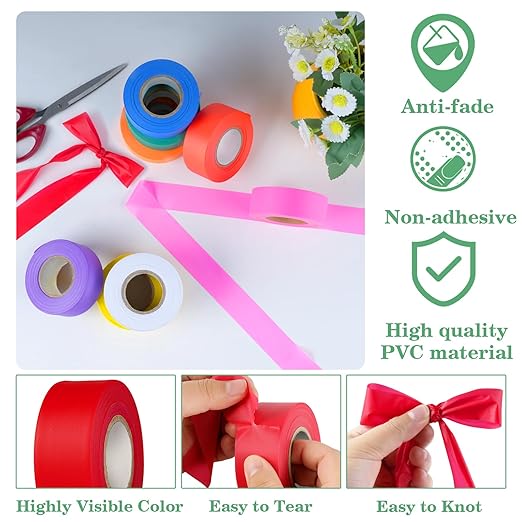 12 Pack White Flagging Tape, Non Adhesive Surveyors Tape, Neon Tree Marking Ribbon, Great Visual Labeling for Boundaries and Hazardous Areas Marking, 1 in. x 150 ft