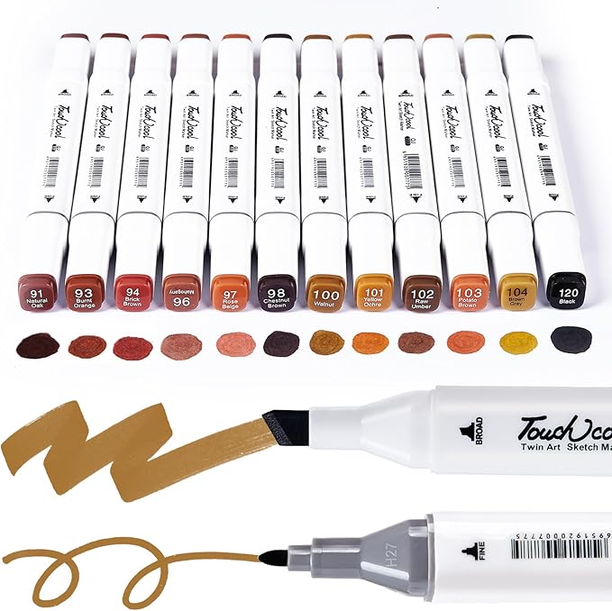12Pcs Alcohol Markers Pure Color Series,Chisel & Fine Dual Tip Art Solid Color Markers Set for Adults Beginner Drawing Sketching Illustration (Wood Color)
