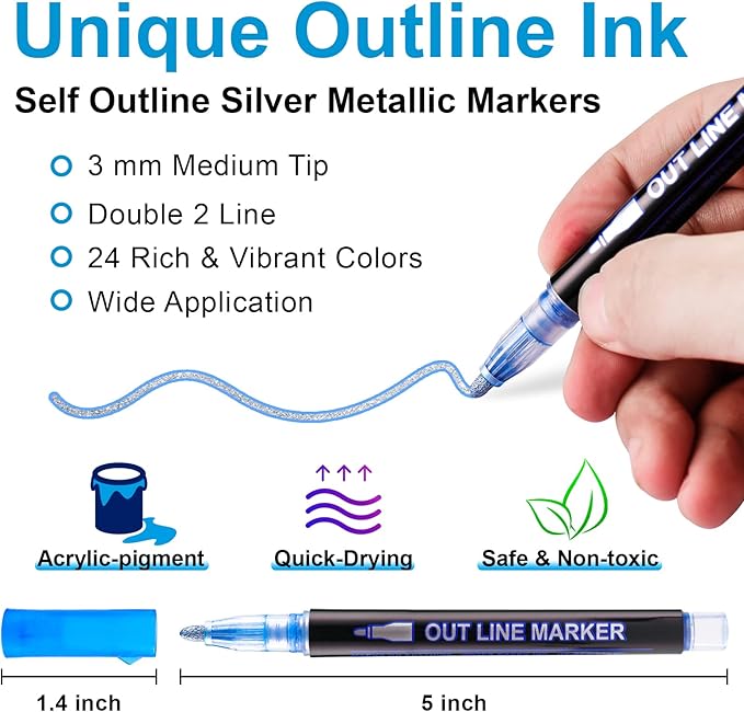RIANCY Outline Metallic Markers Super Squiggles Markers 24 Colors Self Double Line Pen Outline Shimmer Pens for Art Drawing Christmas Greeting Cards Scrapbook Crafts Ceramic Glass Christmas Decor