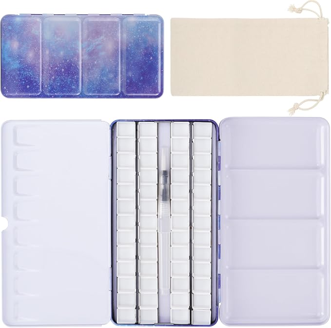 PEVART Empty Watercolor Paint Palette case,Metal Water Color Tin Box with 52 Half Pans and Fold-out Mixing Painting Tray-Portable Travel Watercolor Palette, Plain Air painting