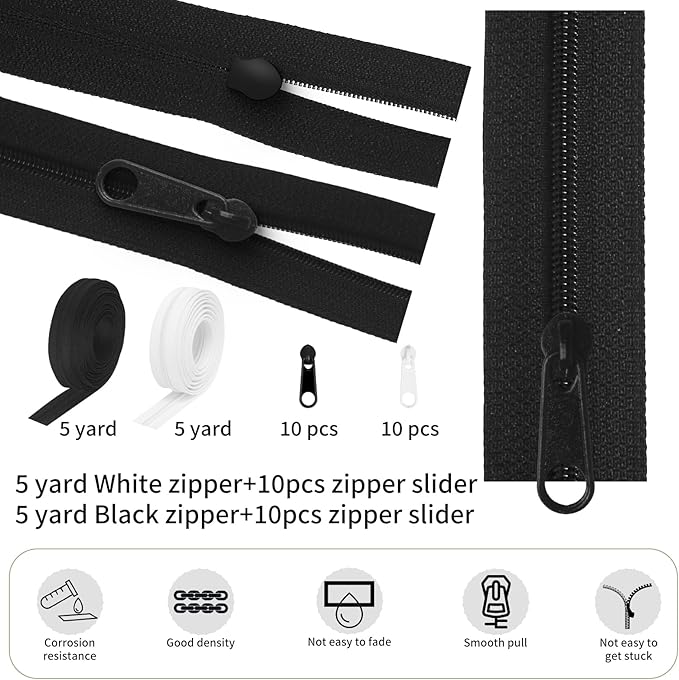 #3 Zippers Roll 360 inch 10 Yards Black and White Nylon Coil Zipper by The Yard, Bulk 20pcs Zipper Sliders for Replacement and Sewing,DIY Crafts, Wallets, Small Bags (5 Yards Each of #3)