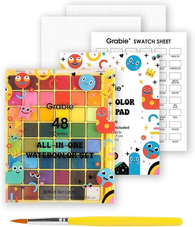 Grabie Mini Watercolor Set, 48 Colors with Brush, Paper Pad and Swatch Sheet, Travel Watercolors Painting Kit for Beginners