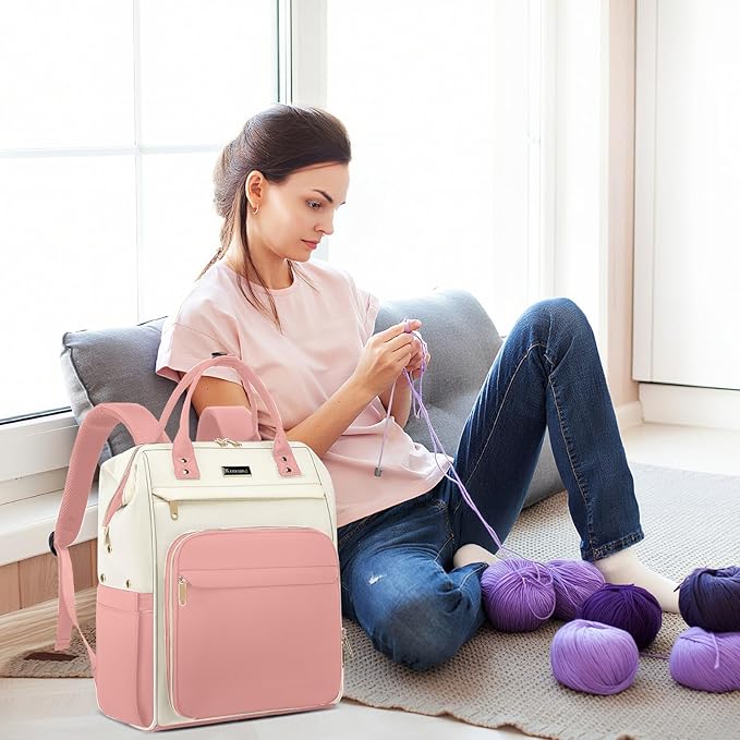 Kuosdaz Crochet Bag Backpack, Large Yarn Storage Crochet Organizer, Christmas Gifts Travel Crochet Backpack for Women, Knitting & Crochet Accessories for Crochet Hooks, Pink & Beige