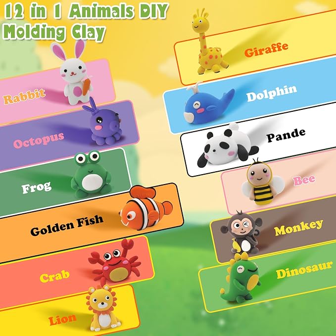 Air Dry Clay Kit, Modeling Magic Clay for Kids,12 Animals DIY Sculpting Set, Ultra Light & Soft, Safe Art Crafts Set for School Projects, Home Crafts,Party Activities, Gifts for Boys & Girls