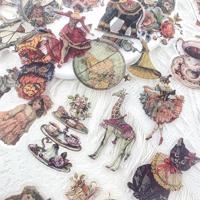 50 Pcs Vintage Victorian Ephemera Stickers – Clear Scrapbooking Supplies with Retro Animals, Flowers, Circus & Antique Objects – Aesthetic Journal Decor for Resin Crafts, Journals, Planners