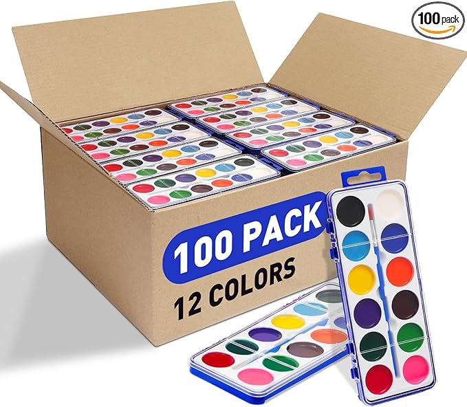 100 Pack Watercolor Paint Set for Kids, 12 Colors Watercolors Paints with Paint Brush, Kids Watercolor Paint Set for Party Favor, Classroom,School Supplies.