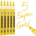 5 Pack Super Gold Paint Markers - Metallic Gold Acrylic Paint Pens Glitter Extra Fine Tip 0.7mm for Black Paper,Wood, Rock Painting, Glass, Fabric