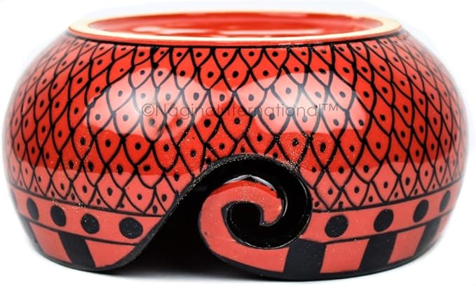 Nagina International Ceramic Attractively Hand Painted Gorgeous Stoneware Yarn Ball Storage Bowl With Innovative Dispensing Curl | Knitting & Crochet Accessions (Medium, Tomato Grill)