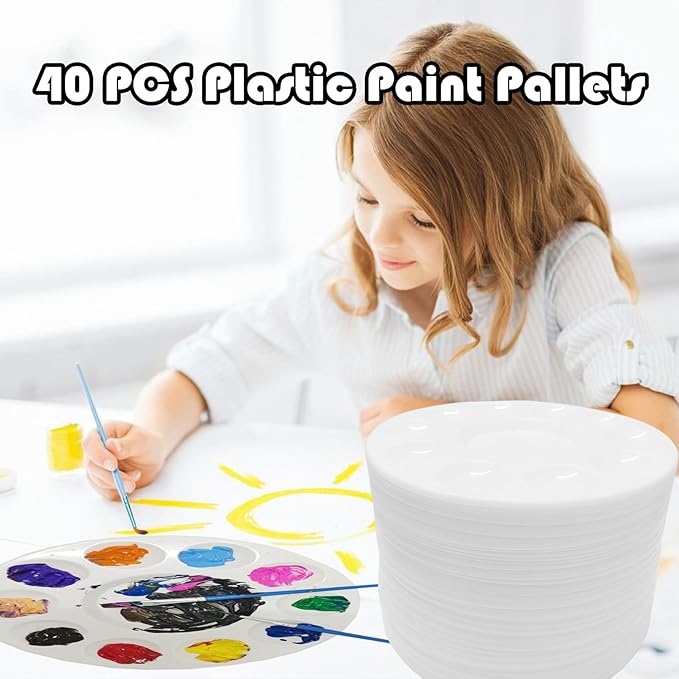 40 PCS Paint Tray Palettes,White Paint Trays for Kids,Round Plastic Paint Pallets with 10 Wells,Acrylic Paint Palette for Students DIY Craft,School Project,Painting Party