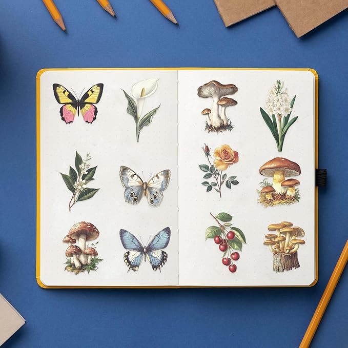50Pcs Vintage Mushroom, Flower, Butterfly Stickers, Aesthetic Waterproof Stickers Packs for Journal, Scrapbooking, Photo Album, Laptop, Kindle, PET Transparent Decals