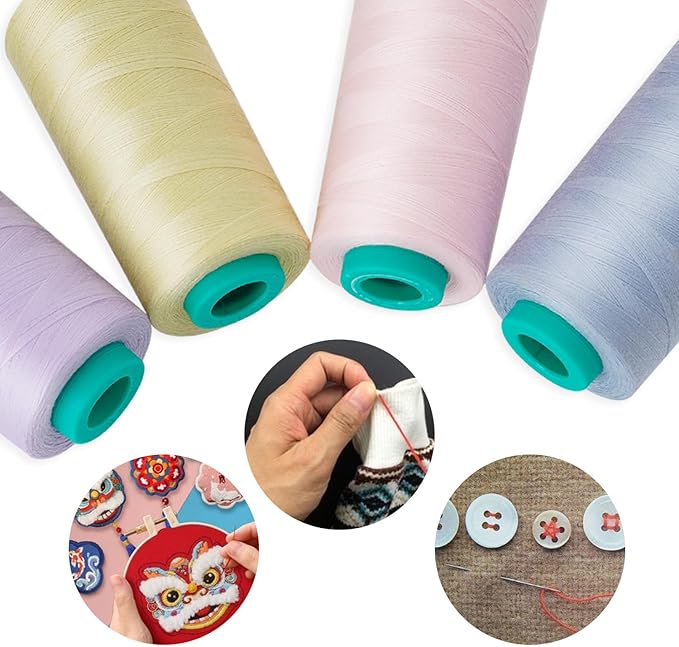 Serger Thread, All-Purpose Sewing Thread Polyester,4 Cones of 3000 Yards Each Spool,Cone Thread for Sewing Machine,140S/2 (Grey Blue,Yellow Green,Purple,Pink)