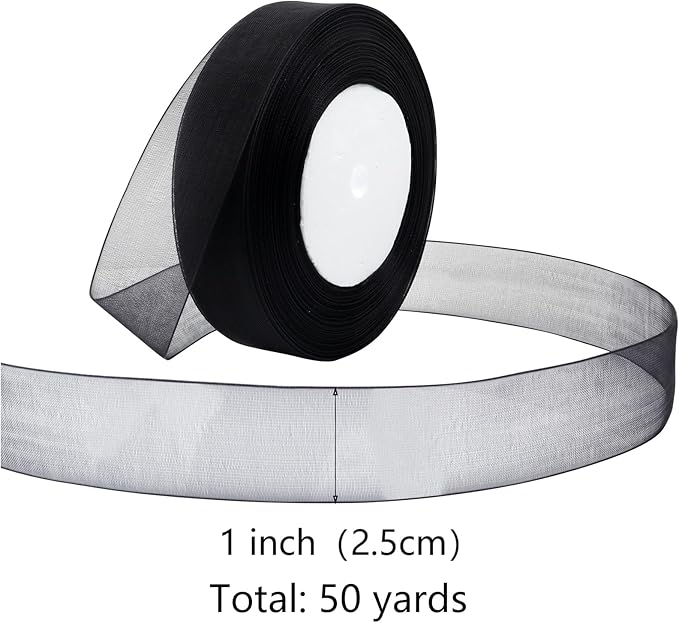 Black Ribbon for Gift Wrapping 1 inch Sheer Organza Ribbon for Flower Bouquet Tulle Thin Chiffon Ribbons for Wedding Invitations Presents Decorations Crafts 50 Yards
