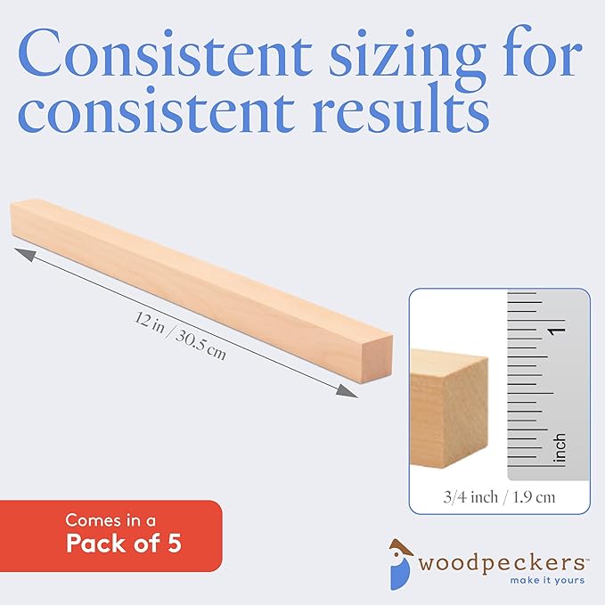 DIY Wooden Square Dowel Rod 3/4-inch x 12 Pack of 5 Hobby Wood Sticks for Crafts, Wood Trim & Architecture Model Making, by Woodpeckers