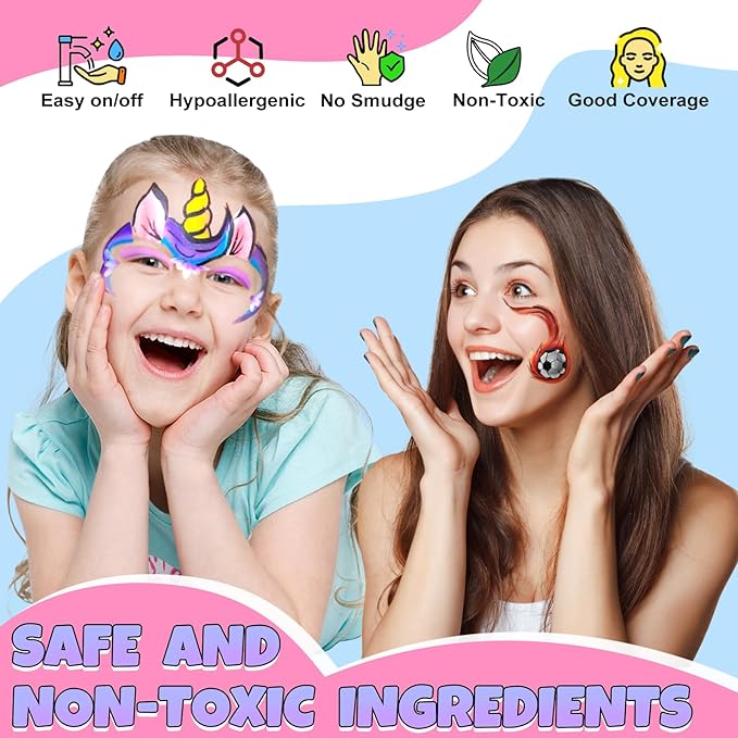Professional Face Painting Kit for Kids Adults, Split Cake Face Paint Palette 12 x 10gm with Stencil, One Stroke Non Toxic Rainbow Face Body Paint Set Festival Makeup